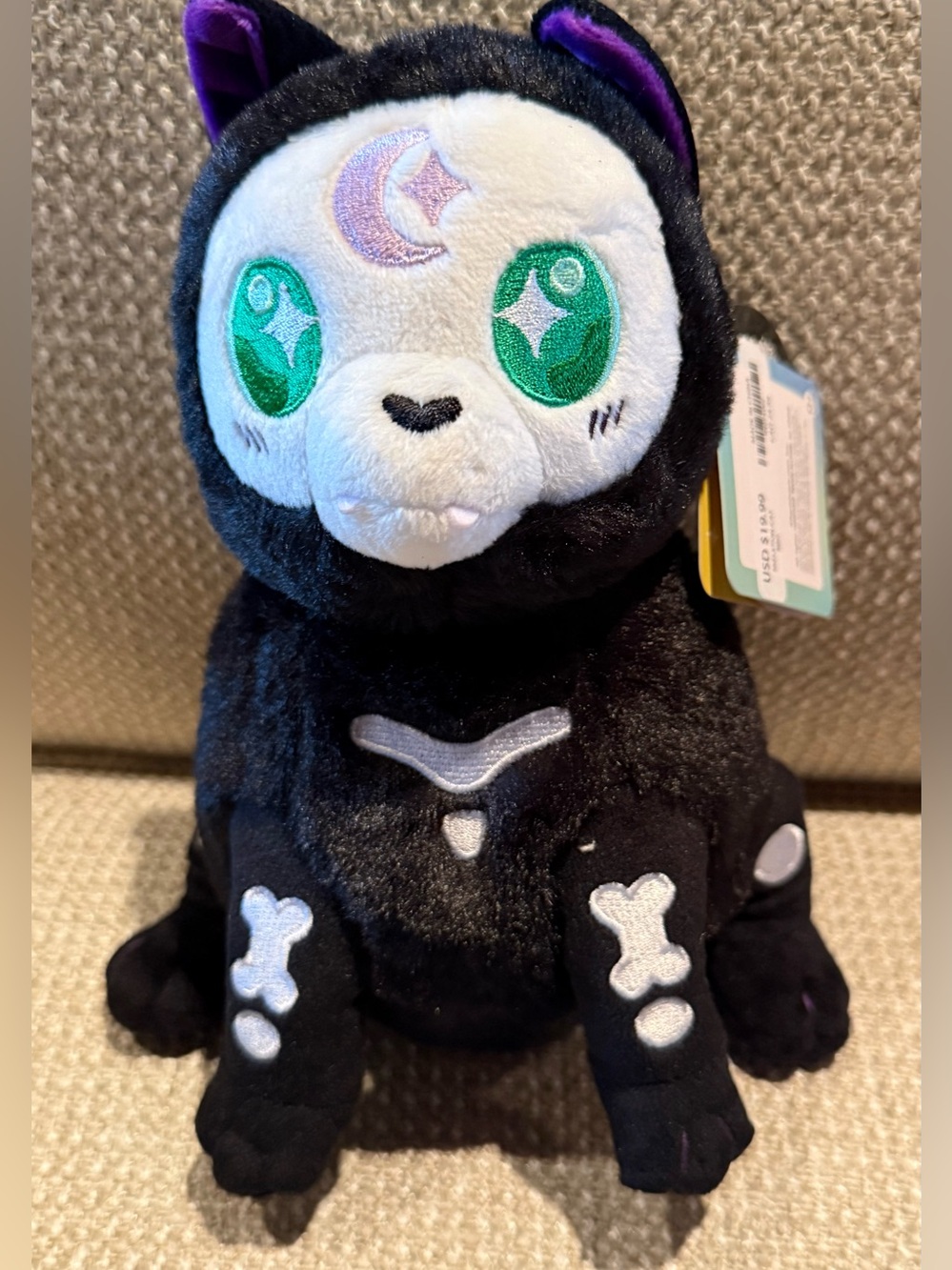 New Halloween Witchy Black & White Skeleton Cat Plush- Cute Crescent Detail